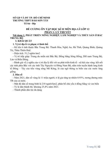 Đề cương ôn tập Học kì 2 Địa lí 12 năm 2024-2025 trường THPT Đào Sơn Tây (TP Hồ Chí Minh)